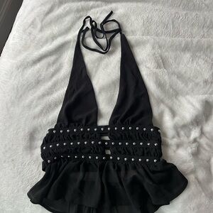 SHEIN Black Halter Top with Metallic Details